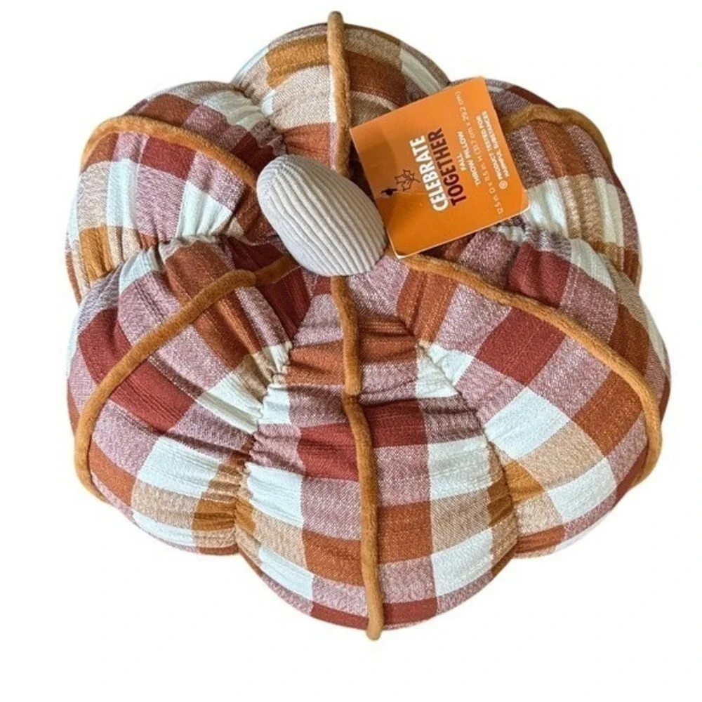 Celebrate Together Oversized Orange Plaid Pumpkin Accent Pillow Decor 11.5